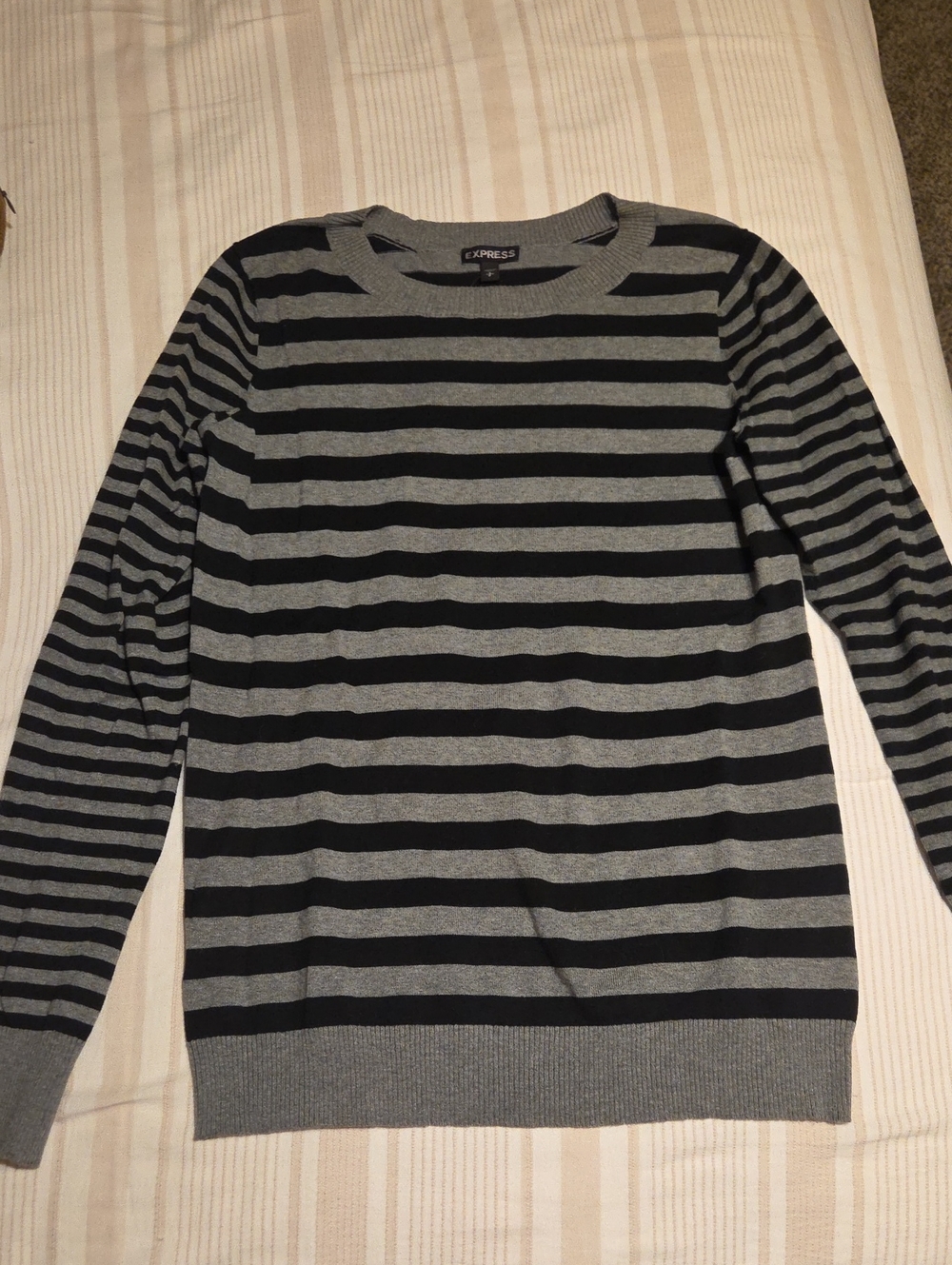 Express Women’s Gray and Black Striped Crewneck Sweater